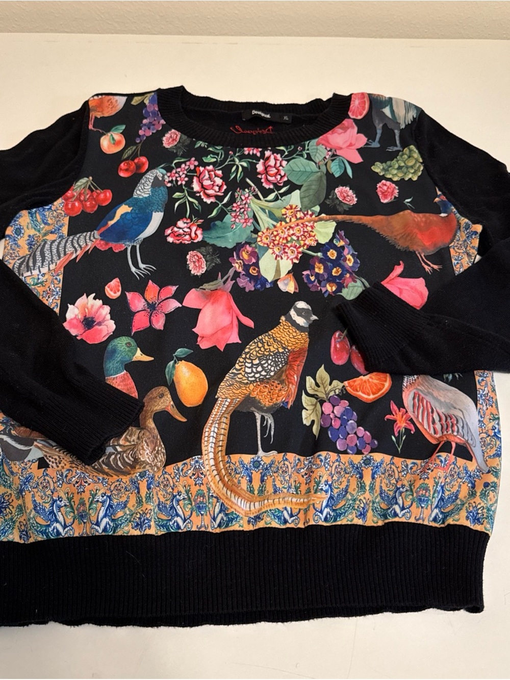 Desigual Black Floral & Bird Motif Crew Neck Sweater